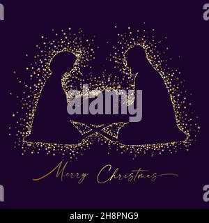 Christmas scene of baby Jesus in the manger with Mary and Joseph. Christian Nativity with handwriting style calligraphic text Merry Christmas. Square Stock Vector