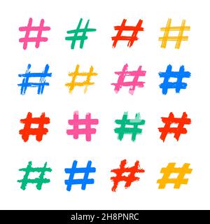 Hashtags, vector color tag icons on white background. Hand Drawn vector illustration. Stock Vector
