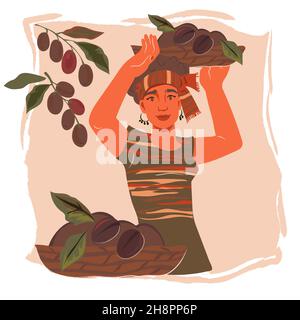 Decorative element or banner with woman carrying harvest of coffee, flat vector. Stock Vector