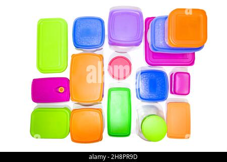 Top view of colorful plastic containers isolated on white background.. Batch cooking concept Stock Photo