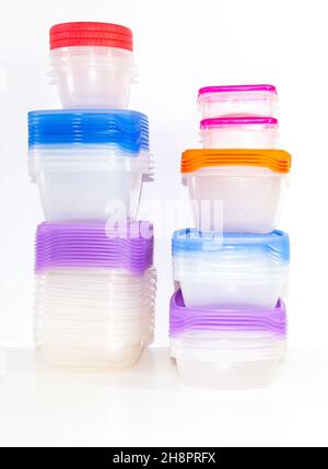 Stack of food plastic containers isolated on white background. Batch cooking concept Stock Photo