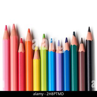 colorful wood pencils on white background, top view Stock Photo