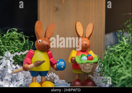 two decorative wooden Easter bunnies Stock Photo