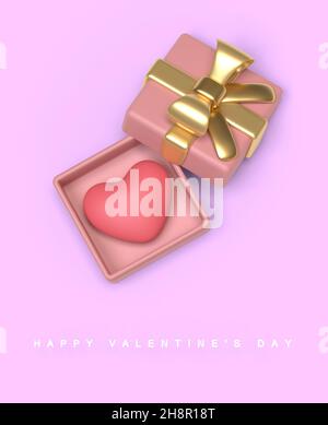 Valentines Day greeting card with a heart in opened gift box. 3D image Stock Photo