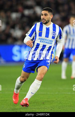 London, UK. 01st Dec, 2021. Neal Maupay of Brighton and Hove Albion in action during the game. Premier League match, West Ham Utd v Brighton & Hove Albion at the London Stadium, Queen Elizabeth Olympic Park in London on Wednesday 1st December 2021. this image may only be used for Editorial purposes. Editorial use only, license required for commercial use. No use in betting, games or a single club/league/player publications. pic by Steffan Bowen/Andrew Orchard sports photography/Alamy Live news Credit: Andrew Orchard sports photography/Alamy Live News Stock Photo
