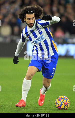 London, UK. 01st Dec, 2021. Marc Cucurella of Brighton and Hove Albion in action during the game. Premier League match, West Ham Utd v Brighton & Hove Albion at the London Stadium, Queen Elizabeth Olympic Park in London on Wednesday 1st December 2021. this image may only be used for Editorial purposes. Editorial use only, license required for commercial use. No use in betting, games or a single club/league/player publications. pic by Steffan Bowen/Andrew Orchard sports photography/Alamy Live news Credit: Andrew Orchard sports photography/Alamy Live News Stock Photo