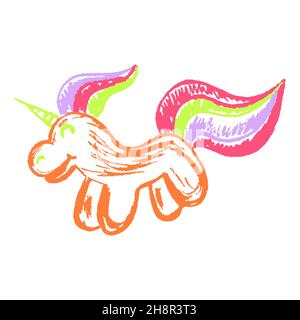 Unicorn. Icon in hand draw style. Drawing with wax crayons, colored chalk, children's creativity. Vector illustration. Sign, symbol, pin, sticker Stock Vector