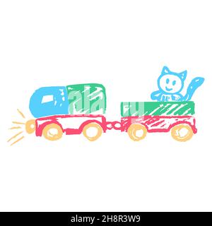 Train with a cat. Icon in hand draw style. Drawing with wax crayons, colored chalk, children's creativity. Vector illustration. Sign, symbol, pin, sti Stock Vector