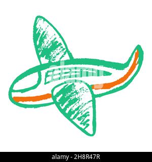 Plane. Icon in hand draw style. Drawing with wax crayons, colored chalk, children's creativity. Vector illustration. Sign, symbol, pin, sticker Stock Vector
