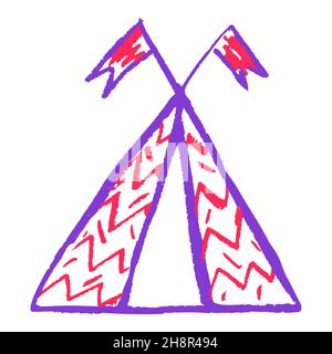 Wigwam. Icon in hand draw style. Drawing with wax crayons, colored chalk, children's creativity. Vector illustration. Sign, symbol, pin Stock Vector