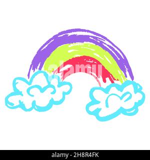 Rainbow. Icon in hand draw style. Drawing with wax crayons, colored chalk, children's creativity. Sign, symbol, pin, sticker Stock Vector