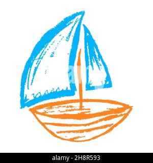 Ship. Icon in hand draw style. Drawing with wax crayons, colored chalk, children's creativity. Vector illustration. Sign, symbol, pin, sticker Stock Vector