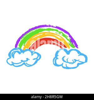 Rainbow. Icon in hand draw style. Drawing with wax crayons, colored chalk, children's creativity. Vector illustration. Sign, symbol, pin, sticker Stock Vector