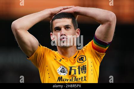 Wolverhampton Wanderers' Conor Coady reacts during the Premier League match between Wolverhampton Wanderers and Burnley at Molineux Stadium, Wolverhampton. Picture date: Wednesday December 1, 2021. Stock Photo