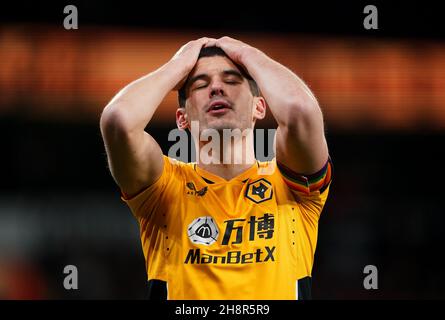 Wolverhampton Wanderers' Conor Coady reacts during the Premier League match between Wolverhampton Wanderers and Burnley at Molineux Stadium, Wolverhampton. Picture date: Wednesday December 1, 2021. Stock Photo