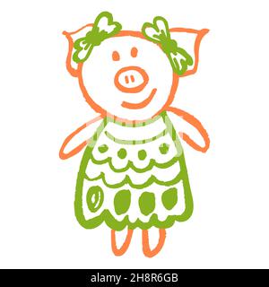 Icon in hand draw style. Pig. Drawing with wax crayons, colored chalk Stock Vector