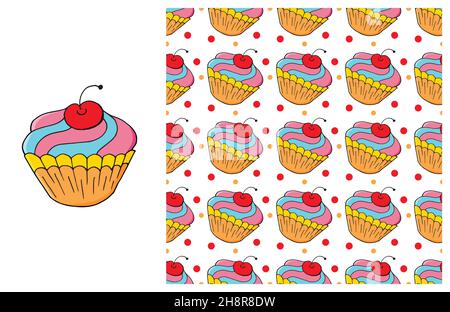 Red Set of element and seamless pattern. Ideal for children's clothing. Sweet pastries. Cupcake, muffin. Can be used for fabric, paper and etc Stock Vector