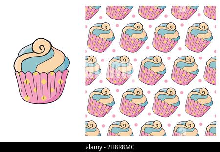 Pink Set of element and seamless pattern. Ideal for children's clothing. Cupcake, muffin. Sweet Stock Vector