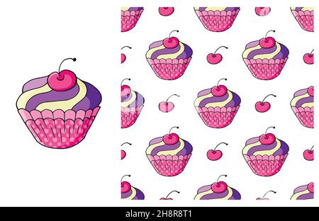 Pink Set of element and seamless pattern. Ideal for children's clothing. Cupcake, muffin. Sweet pastries. Can be used for fabric Stock Vector