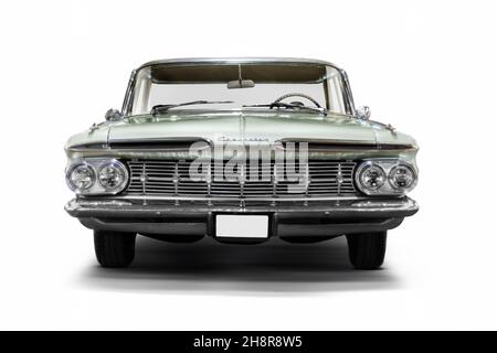 Izmir, Turkey - June 21, 2021: Front view of a Chevrolet Impala green car which produced in 1959 Editorial Shot in Izmir Turkey. Stock Photo