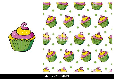 Green Set of element and seamless pattern. Ideal for children's clothing. Sweet pastries. Cupcake, muffin. Can be used for fabric Stock Vector