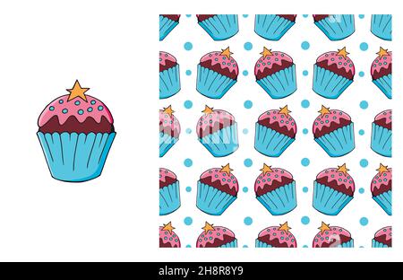 Cupcake. Blue Set of element and seamless pattern. Ideal for children's clothing. Sweet Stock Vector
