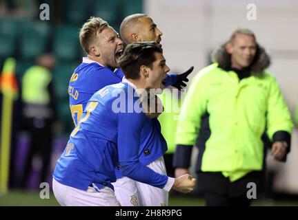 Rangers' Kemar Roofe (centre) celebrates scoring their side's first goal of the game with team-mates from the penalty spot during the cinch Premiership match between Hibernian and Rangers at Easter Road, Edinburgh. Picture date: Wednesday December 1, 2021. Stock Photo