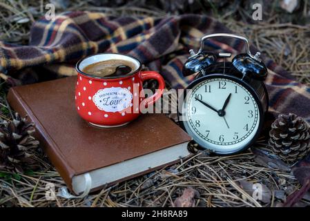 Vintage cup of hot coffee on old book next to alarm clock, scarf, pine cones and pine needles in natural park. Stock Photo