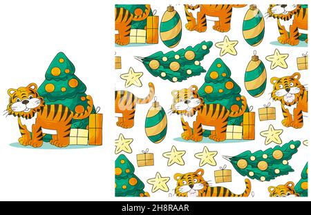 New Year's Set of element and seamless pattern. ideal for children's clothing. New Year 2022. Year of the Tiger. Can be used for fabric, packaging, wr Stock Vector
