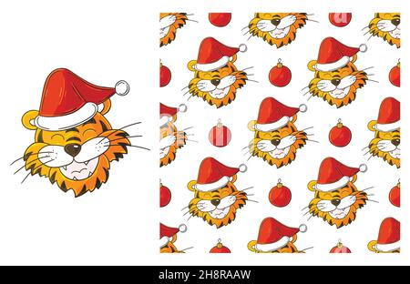 New Year 2022. Tiger in a Santa hat. New Year's Set of element and seamless pattern. ideal for children's clothing. Can be used for fabric, packaging, Stock Vector