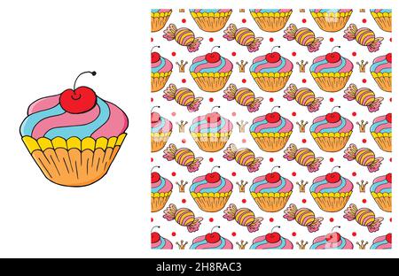 Red Set of element and seamless pattern. Ideal for children's clothing. Sweet pastries. Cupcake, muffin. Can be used for fabric and etc Stock Vector