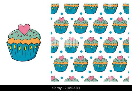 Cupcake. Blue Set of element and seamless pattern. Ideal for children's clothing. Sweet pastries. Can be used for fabric and etc Stock Vector