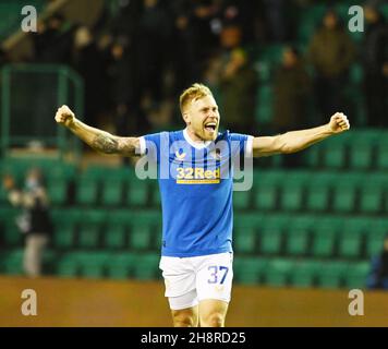 Easter Road Stadium .Edinburgh .Scotland. UK .1st Dec 21 Hibernian vs Rangers .Cinch Premiership game . Rangers Scott Arfield celebrations at full time after victory over Hibs Credit: eric mccowat/Alamy Live News Stock Photo