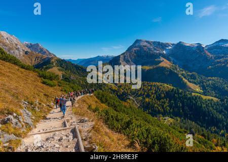 Trail from the Jenner summit to the Jenner high plateau about 1800m asl with the Jenneralm or Jenner Alm hut,  Upper Bavaria, Southern Germany Stock Photo