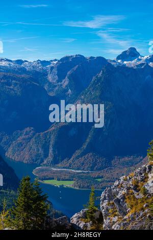 View from the Jenner high plateau about 1800m asl to Lake Königsee surrounded by high peaks, Bavarian Alps, Upper Bavaria, Southern Germany Stock Photo