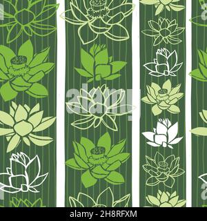 Vector green vertical rows of lotus flowers stripes 05 repeat pattern. Suitable for textile, gift wrap and wallpaper. Stock Vector