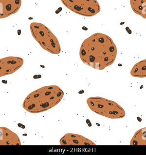 Chocolate chip cookies on white background. Vector seamless pattern Stock Vector