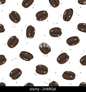 Brown coffee beans on white background. Vector seamless pattern Stock Vector