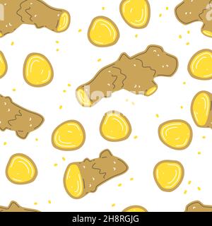 Fresh ginger rhizome, chopped ginger. Vector seamless pattern Stock Vector