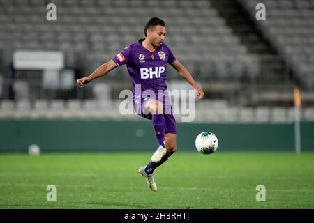 Perth Glory forward Dane Ingham (23) controls the ball Stock Photo