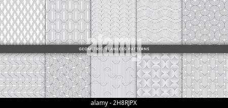 Set of geometric seamless pattern with circle and curve lines. Abstract background monochrome modern stylish Stock Vector
