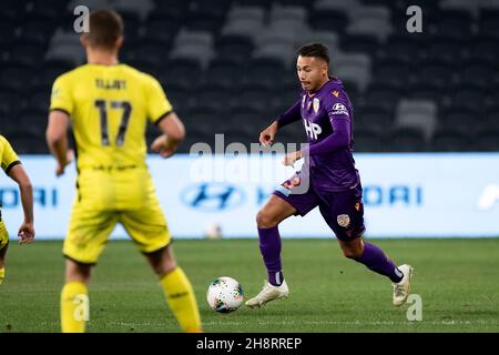 Perth Glory forward Dane Ingham (23) controls the ball Stock Photo