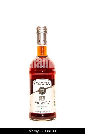 A bottle of Colavita Red White Vinegar, a product of Italy isolated on white Stock Photo