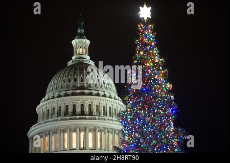 Washington, United States. 01st Dec, 2021. The U.S. Capitol Christmas tree 'Sugar Bear,' a White Fur from the Six Rivers National Forest in California, is illuminated during a ceremony attended by Speaker of the House Nancy Pelosi, D-CA, and other congressional members from California on the West Lawn of the Capitol Building in Washington, DC on Wednesday, December 1, 2021. The 84-foot-tall tree is decorated with 15,000 ornaments made by children in California to reflect this years theme, 'Six Rivers, Many Peoples, One Tree.' Photo by Bonnie Cash/UPI Credit: UPI/Alamy Live News Stock Photo