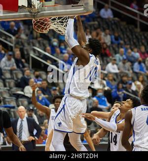 Newark, New Jersey, USA. 1st Dec, 2021. Seton Hall Pirates forward Alexis Yetna (10) dunks in the second half at the Prudential Center in Newark, New Jersey on Wednesday, December 1. Seton Hall defeated Wagner 85-63. Duncan Williams/CSM/Alamy Live News Stock Photo