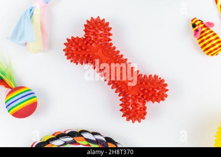 Set of colorful toys, bones, ropes made of cotton, plastic, rubber for dogs and cats. Pets care and accessories on white background Stock Photo
