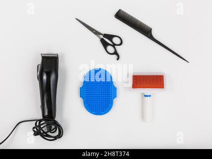 Set for grooming of a dog - hair clipper, scissors, combs on white background. Close up of tools for cats or dogs grooming. Pets care Stock Photo