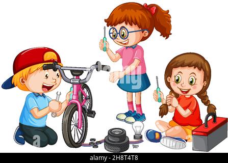 Children fixing a bicycle together illustration Stock Vector