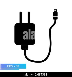 A power supply for charging a smartphone with a wire. A charging device for gadgets. The illustration is solid black. Vector illustration. Stock Vector