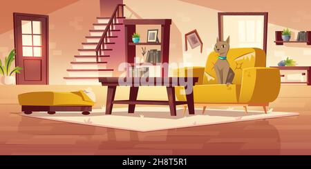 Cat at damaged home interior with scratched furniture, sofa and armchair with torn upholstery and fallen flower pot. Pet making mess in room, naughty feline animal chaos, Cartoon vector illustration Stock Vector